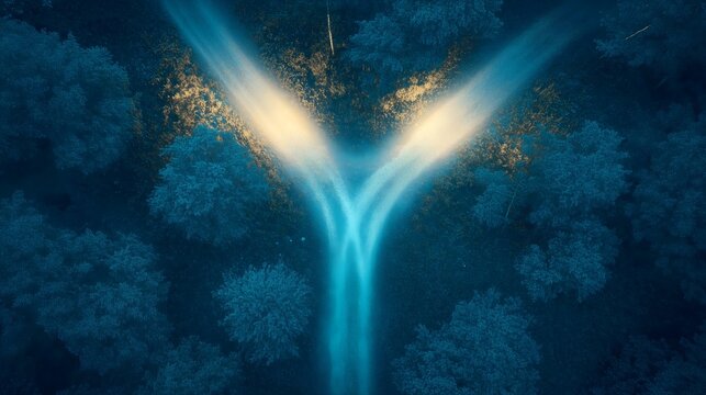 Conceptual background: High angle view of a Y-junction glowing in gold in a dark forest