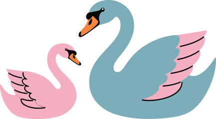 Simple minimalist illustration of two beautiful blue and pink swans swimming together concept for love and romance vector © MD