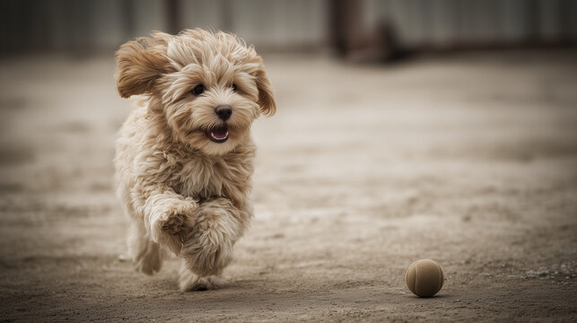 A cute dog runs towards the camera on International Doodle Dog Day with a ball.