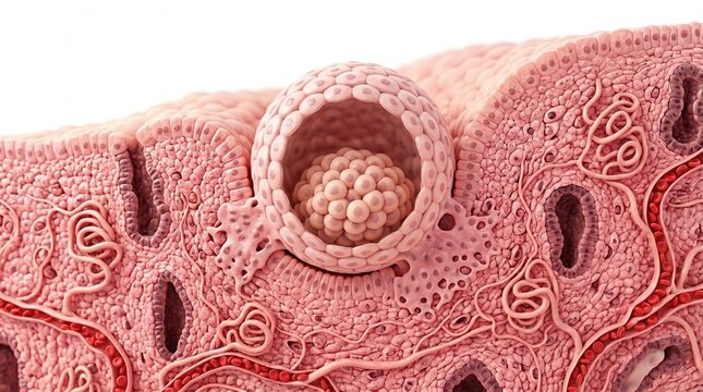 Human Uterine Wall with Embryo Blastocyst Implantation Close Up 3D Medical Illustration