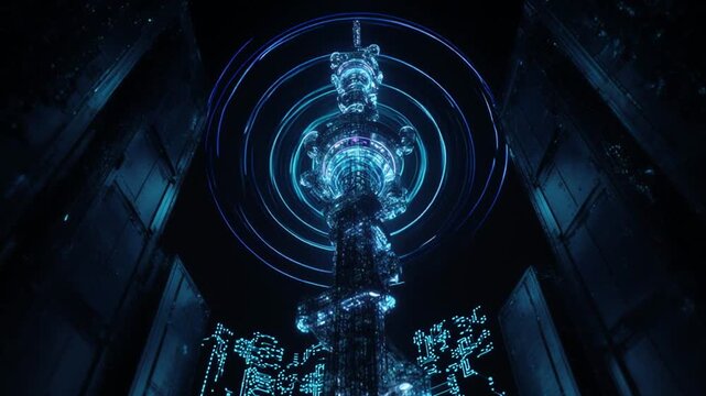 Futuristic blue robotic figure with concentric circles in dark room