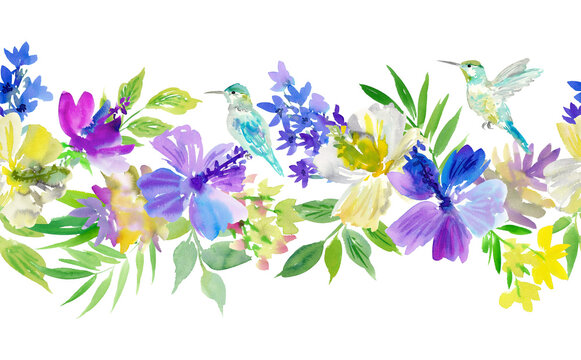 Watercolor Tropical Floral Seamless PNG Background, Purple White Hibiscus, Hummingbird and Leaves for Web, Banner, Stationery