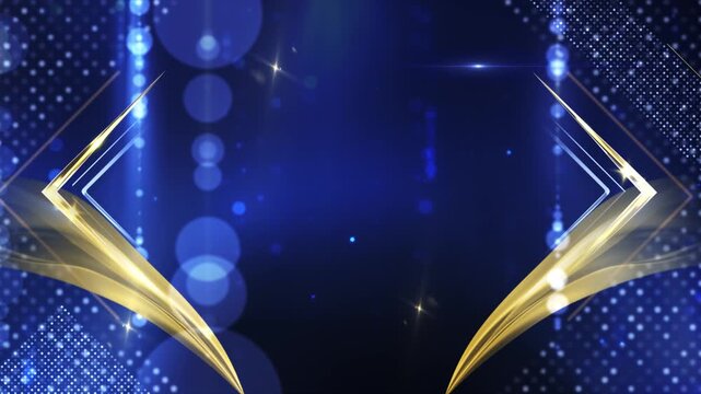 Luxury blue background with golden abstract shapes and glowing lights for premium business advertisement template design.
