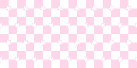Seamless vector illustration of pink stars and a checkered pattern, creating a vintage tile-style background for children's fabric wallpaper and greeting card decoration. © yeen