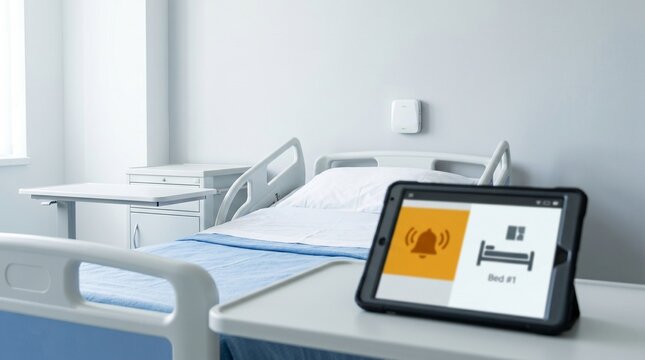 Hospital room with bed and tablet displaying fall detection alert  