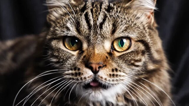 Close up portrait of fluffy tabby cat with yellow eyes