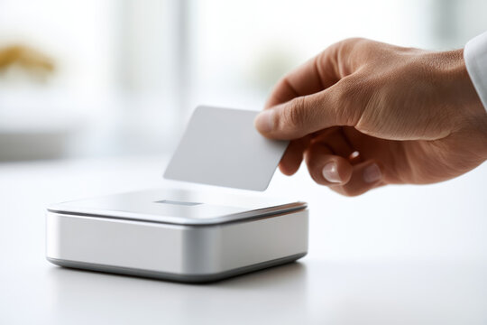 Credit card card reader payment contactless hand technology banking transaction, hand inserting credit card into modern card reader white desk.
