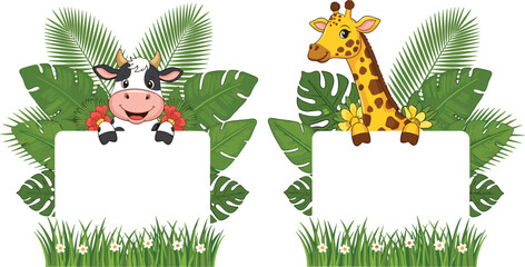 Naklejka premium Cute Cow and Giraffe Cartoon Frames with Tropical Leaves and Blank Banner for Kids Design, Animal Theme, and Nursery Vector Illustration