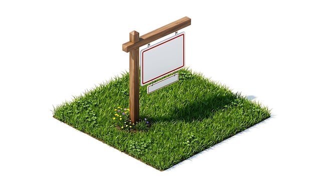 Blank wooden real estate sign on a square patch of green grass