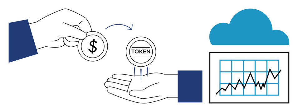Cryptocurrency, tokenization, blockchain finance, digital assets, financial growth, investment management. Coins being exchanged for tokens and a financial graph. Cryptocurrency and tokenization