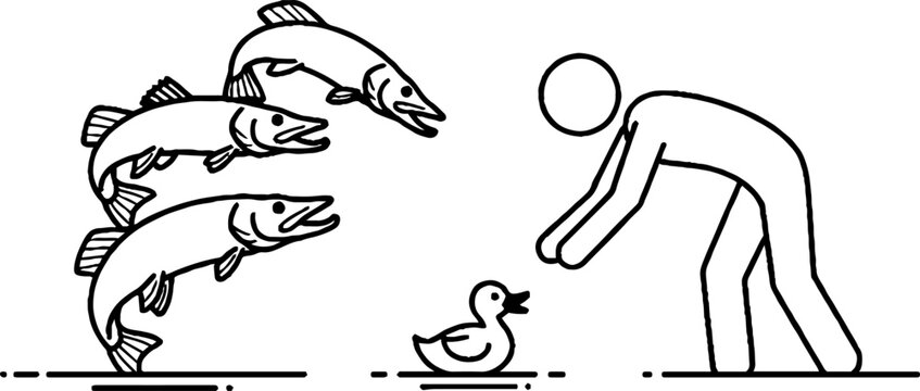 Stick figure protecting duckling from predatory fish