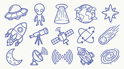 Collection of hand-drawn space and science fiction icons including UFOs, aliens, rockets, planets, and stars. © zainab
