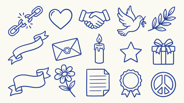 Collection of simple blue line art icons representing peace, love, and connection.