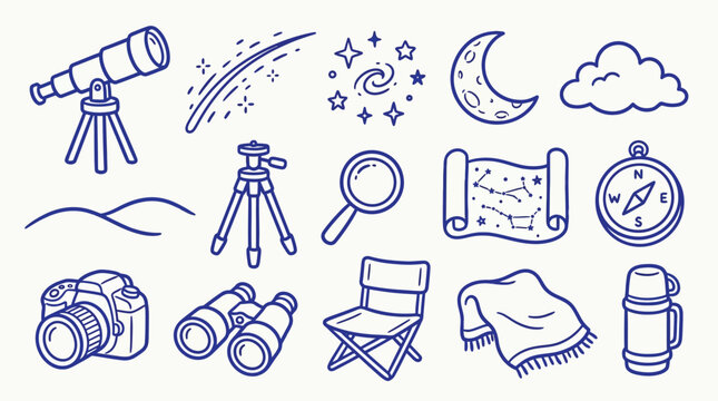 Collection of hand-drawn doodle icons related to astronomy and stargazing, including telescopes, constellations, and celestial bodies.