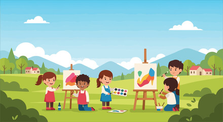 Fototapeta premium A vector illustration of a group of children happily painting on canvases set up on easels in a scenic outdoor park with green hills and a blue sky.