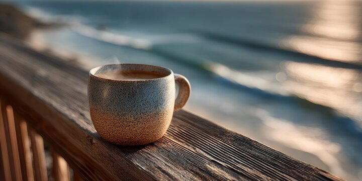 Close-up of a textured ceramic coffee cup resting on a wooden railing overlooking a sparkling ocean shoreline du sunset with gentle waves and clear sky