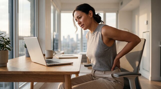 Woman suffering from back pain while working remotely at home office desk, AI generated