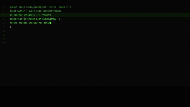 A black terminal displays green code snippets with a cursor blinking, indicating a command-line interface environment