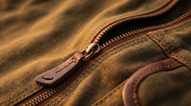 Close-up view of a metal zipper with a leather pull tab on a textured brown canvas bag or jacket, showing detailed stitching.