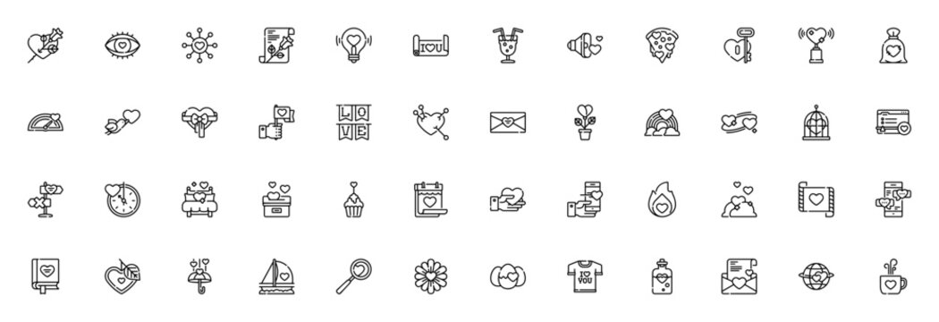 Love icon set. Minimal vector icons pack. Includes symbols for heart, love letter, gift, flower, rainbow, bird, cup, cocktail and more. Editable vector stroke.