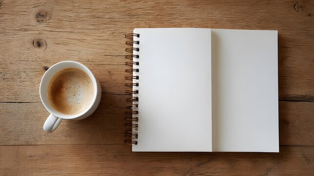 Open blank spiral notebook with a cup of coffee on wooden table for creative writing or planning workspace setup