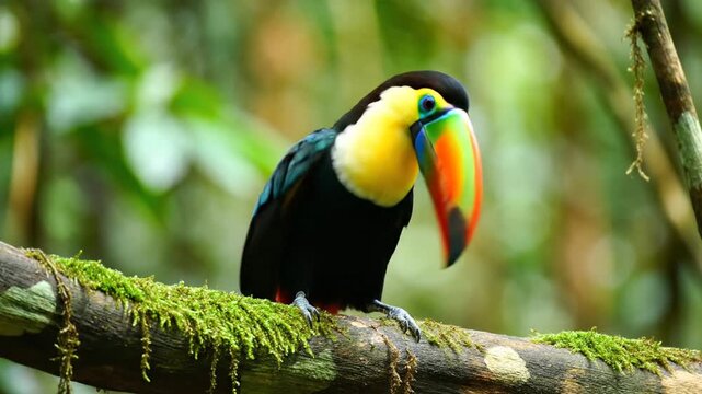 Exotic toucan bird sitting on branch in tropical rainforest