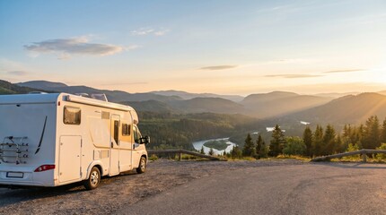 Obraz premium Motorhome Travel: Camper Van Beside Mountain Valley at Golden Hour Sunset Overlook