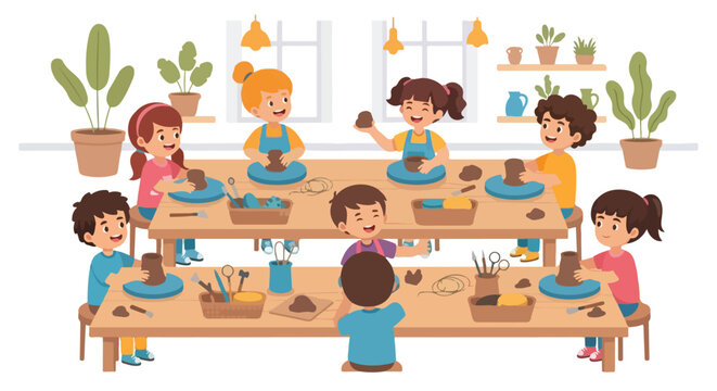 Eight happy children are sitting around wooden tables in a bright classroom, joyfully learning how to mold clay into various pottery shapes.