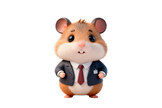 A cartoon hamster in a business suit and red tie stands on hind legs