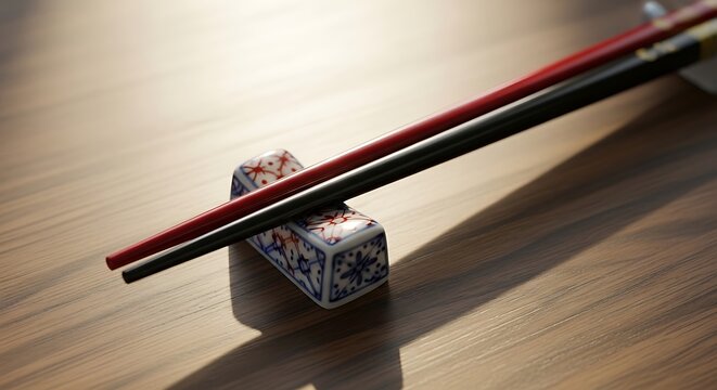 A pair of chopsticks rests on a decorative dice on a wooden table.