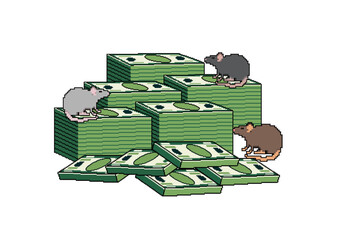 A digital illustration of several cartoon rats and mice climbing on a large, messy pile of green cash and stacked dollar bills, isolated on a clean white background. © sans