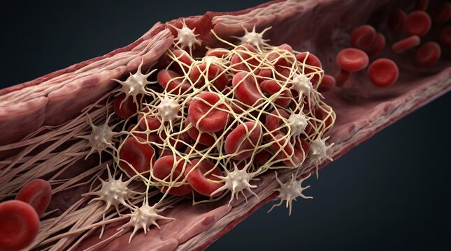 Blood Clot Formation Fibrin Mesh with Platelets in Blood Vessel 3D Medical Illustration