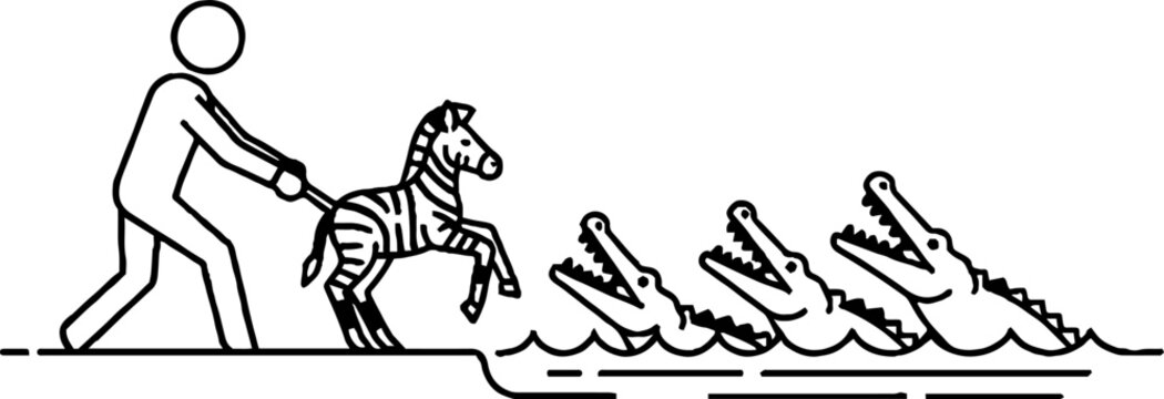 Stick figure guiding zebra towards hungry crocodiles in water
