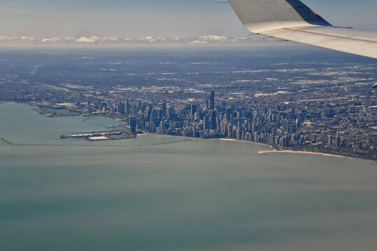 Chicago Cityscape aerial view river side in the afternoon, downtown skyline, Lake Michigan, Architecture and buildings, Illinois, United States.