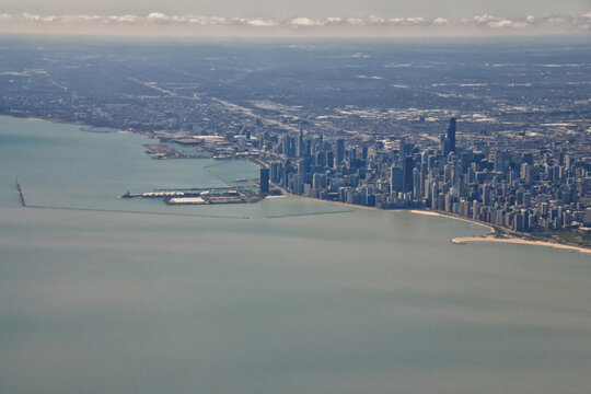 Chicago Cityscape aerial view river side in the afternoon, downtown skyline, Lake Michigan, Architecture and buildings, Illinois, United States.