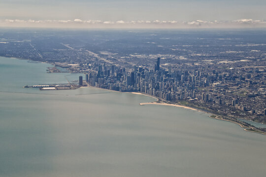 Chicago Cityscape aerial view river side in the afternoon, downtown skyline, Lake Michigan, Architecture and buildings, Illinois, United States.