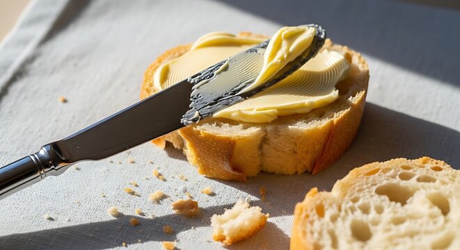 Butter knife spreads creamy butter on crusty bread slices on table