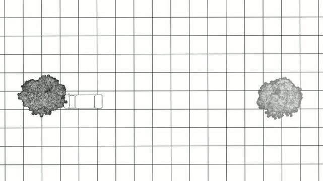 Top View Wireframe Car Driving Between Trees Blueprint Animation