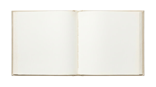 Open blank notebook with beige cover and cream pages, isolated on transparent background. Ready for clipart, print-on-demand, t-shirt design, stickers, and sublimation projects.