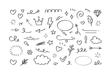 Obraz premium A collection of hand-drawn doodle elements including hearts, stars, arrows, and clouds