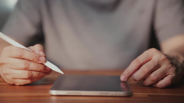 Title: Hand holding digital tablet, using touch with artificial intelligence assistant technology for modern interaction, searching online within a virtual workspace environment.