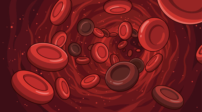 Close-up illustration of numerous red blood cells and some darker cells flowing through a blood vessel, depicting the circulatory system.
