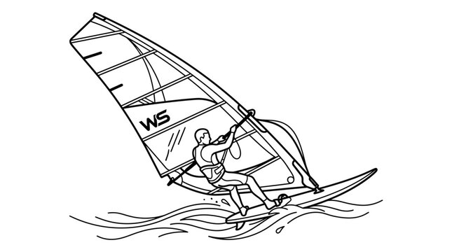 Windsurfer riding a wave, dynamic line art illustration