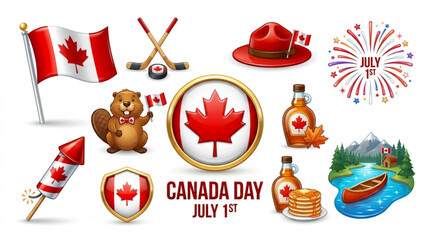 Vibrant canada day icons featuring maple leaf flag beaver and festive elements on white background © Waqas