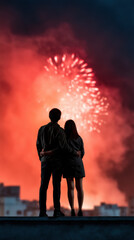 Fototapeta premium Couple watching fireworks night celebration silhouette 4th july holiday city skyline with red smoke romantic embrace under bright burst