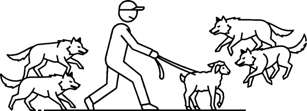 Man walking sheep surrounded by hungry wolves