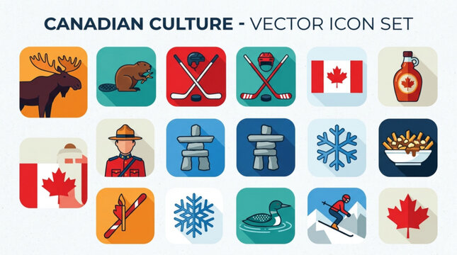 Canadian culture vector icons set with moose beaver hockey maple leaf poutine and more