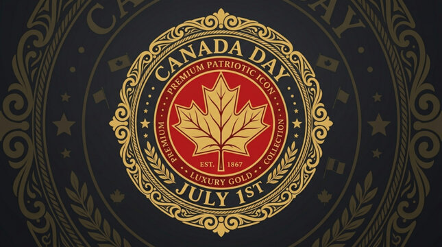 Luxury gold canada day badge with maple leaf on dark background patriotic symbol