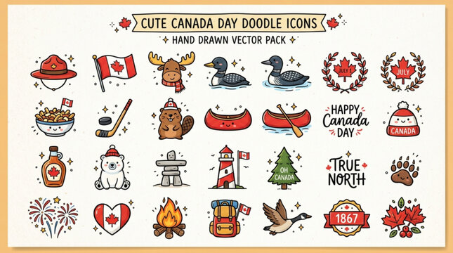Cute canada day doodle icons vector pack for celebrations and festivities