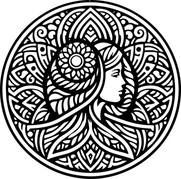 Exquisite Ethnic Mandala Graphic Featuring a Royal Princess Silhouette and Classic Geometric Patterns in a Vibrant Vintage Retro Design Style